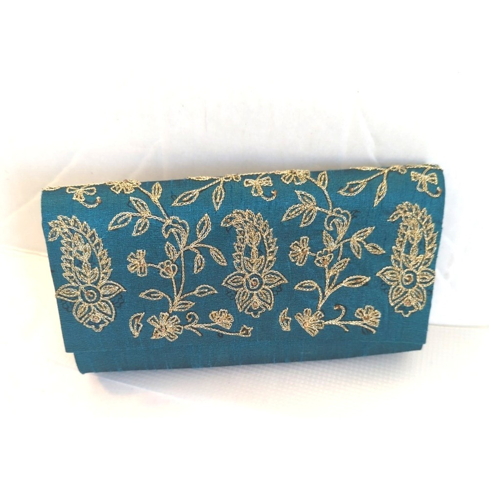 FABINDIA Embroidered Clutch Bag Gold Metallic Threads on Turquoise Silk Chicness